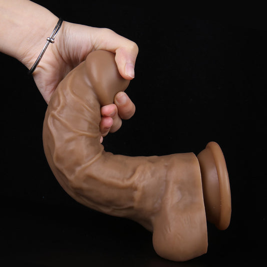 B132 Classic Girthy Realistic Brown Liquid Silicone Suction Cup Dildo with Balls 8.6 Inch